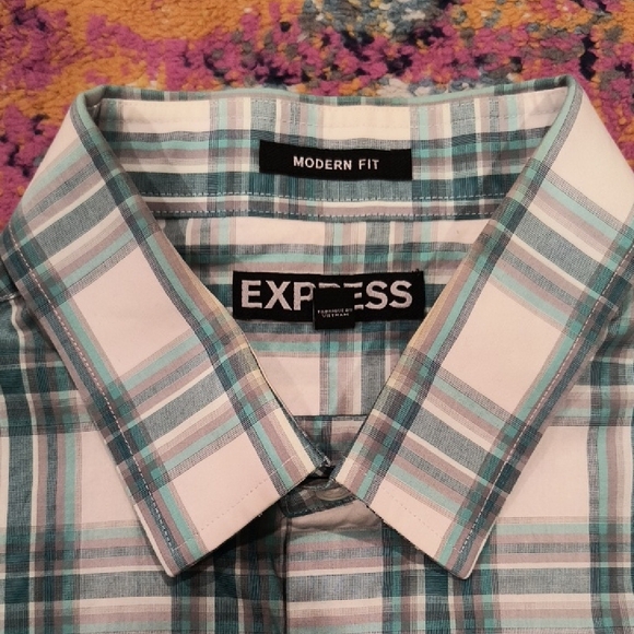 Express Men's Teal and White Plaid Shirt - Picture 3 of 7